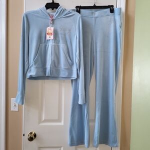 Juicy Couture Velour Frosted Blue Tracksuit 2 Pc Set Hoodie & Pants Size XL